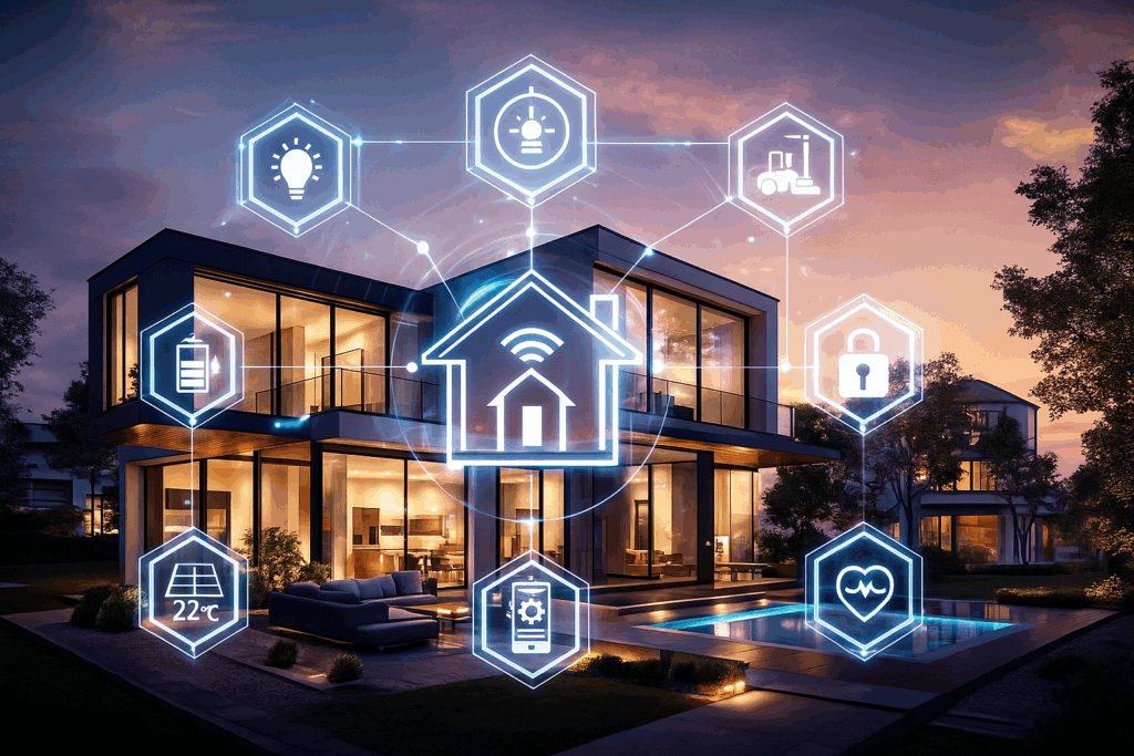 Smart Home Illustration mit IoT-Symbolen, Energiemanagement und Automatisierung