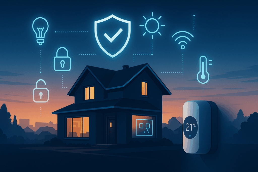 Futuristisches Smart Home mit vernetzter Hausautomation, Sicherheits-Icons und moderner IoT-Technologie.