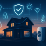 Futuristisches Smart Home mit vernetzter Hausautomation, Sicherheits-Icons und moderner IoT-Technologie.