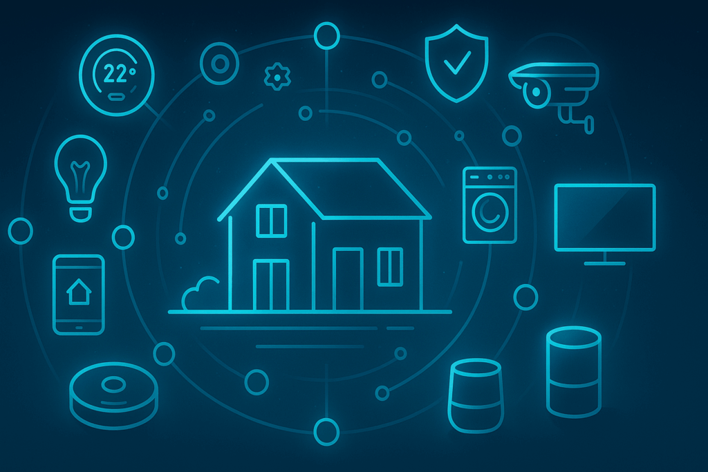 Futuristisches Smart Home mit vernetzten IoT-Geräten wie Kamera, Smart-Speaker, Thermostat und intelligenten Haushaltsgeräten – moderne Hausautomation für Alexa, Google Assistant und HomeKit.
Smart Home-Produkte.