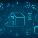 Futuristisches Smart Home mit vernetzten IoT-Geräten wie Kamera, Smart-Speaker, Thermostat und intelligenten Haushaltsgeräten – moderne Hausautomation für Alexa, Google Assistant und HomeKit.