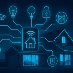 Futuristisches Smart Home mit vernetzten Hausgeräten wie Kamera, Smart-Speaker, Thermostat, Beleuchtung und Sicherheitstechnik – kompatibel mit Amazon Alexa, Google Assistant und HomeKit für moderne Hausautomation.