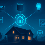 Futuristisches Smart Home mit vernetzter Hausautomation, Kamera, smartem Thermostat, Lichtsteuerung und Sicherheitstechnik – kompatibel mit Amazon Alexa, Google Assistant und HomeKit. Automatisierung