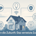 Modernes vernetztes Smart Home mit Automations-Icons für Lichtsteuerung, Sicherheit, Temperaturregelung, Kamera, Smart-Lock und Haushaltsgeräte – kompatibel mit Alexa, Google Assistant und HomeKit.