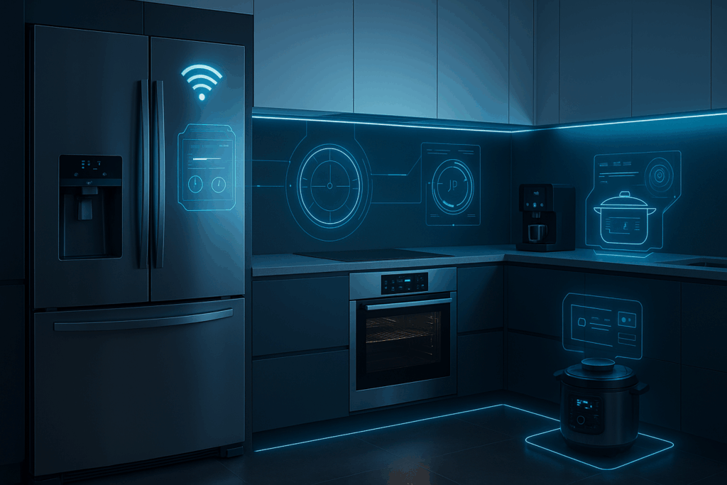 Futuristische Smart-Home-Küche mit modernem WLAN-Kühlschrank, vernetztem Backofen, smartem Kaffeevollautomaten und Multikocher – High-Tech Küchengroßgeräte für ein intelligentes Zuhause.